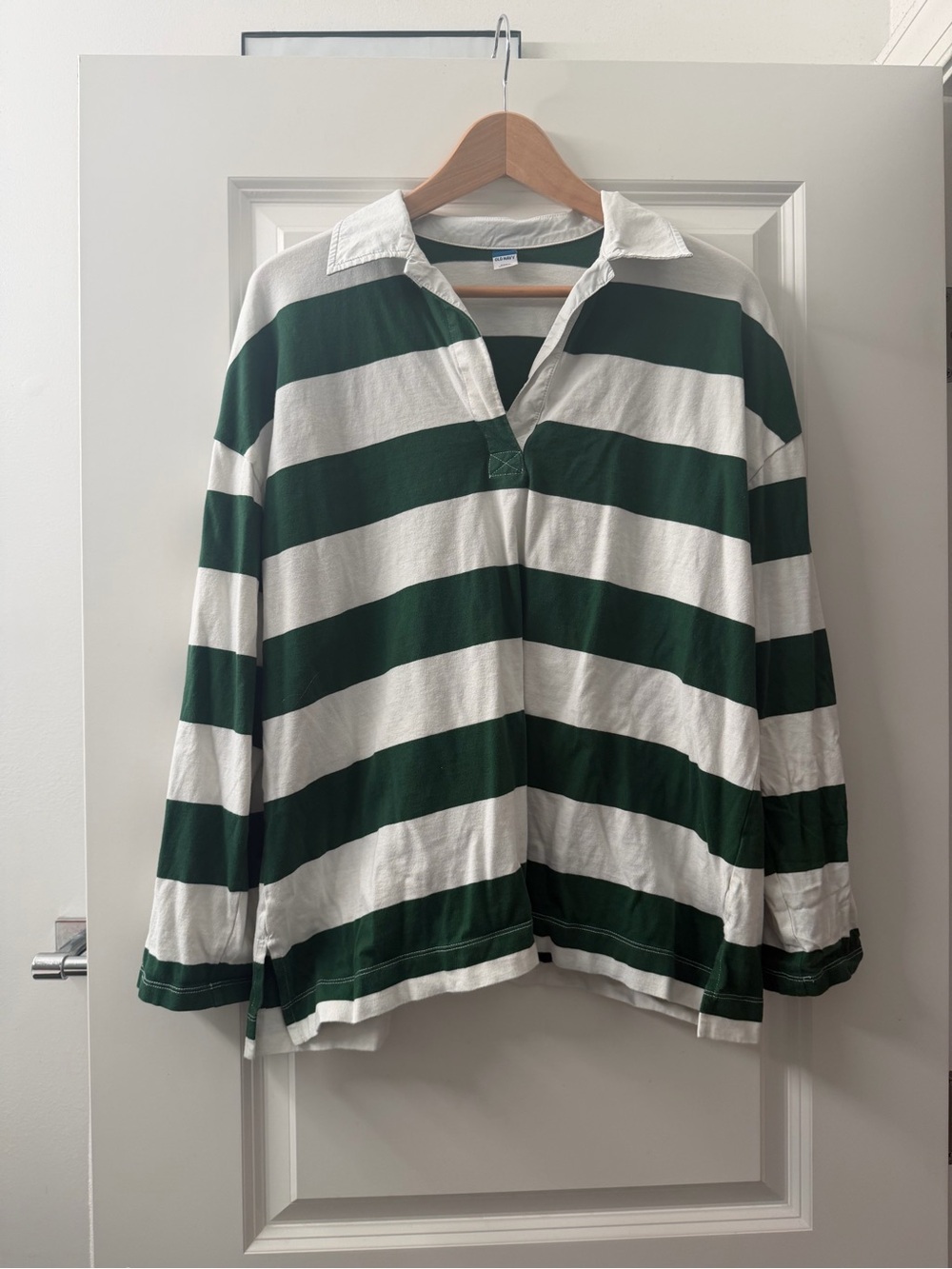 Old Navy Forest Green and White Striped Long-Sleeve Rugby Top